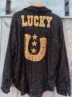 MainStrip Black Sequin Long Sleeve Button-Down Blouse - Lucky in gold sequins on